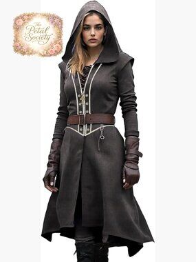 Long Hooded Coat Medieval Jacket Gothic Costume Steampunk Outfit Medium